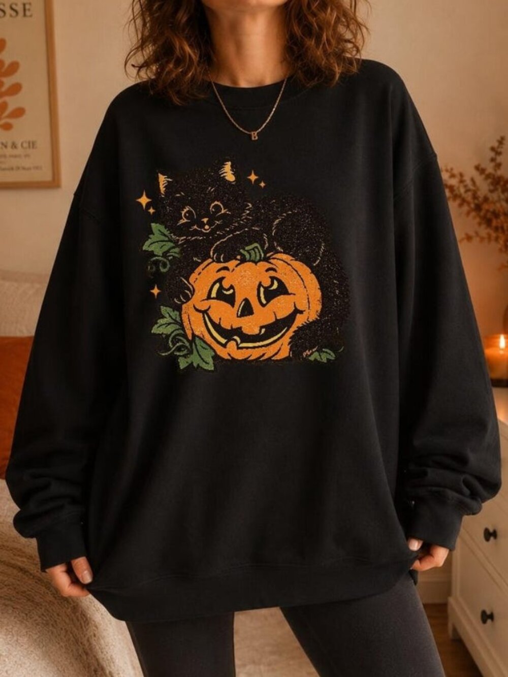Vintage Halloween Sweater, 90s Retro Black Cat & Pumpkin Graphic